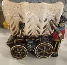 Vintage 60’s Child’s Ceramic Bank Cowboy Protecting The Covered Wagon 5”X5”X3” picture