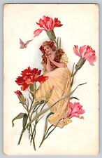 Postcard Fantasy Flower Girl Thumbelina Butterfly Carnations Fairy Tale picture