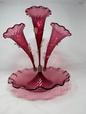 Fabulous Antique Victorian Cranberry Swirl Art Glass 3 Horn Epergne w/ Gold Dust picture