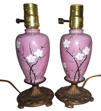 Pair Art Deco Iridescent Ceramic Boudoir Lamps With Hand Painted Cherry Blossoms picture