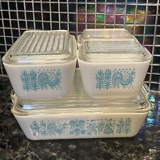 Vntg 50's Pyrex Amish Turquoise Butterprint Refrigerator Set of 4 pieces w/ Lids picture