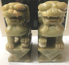 PAIR RARE🔥VINTAGE JADE  HAND CARVED STONE FOO DOGS MARBLE GREEN. Beautiful picture