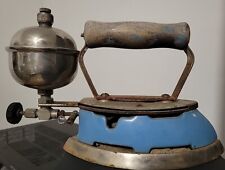 Vintage Blue Coleman Instant-Lite 4A Gas Iron Wood Handle Enameled Antique  picture