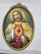 VINTAGE SACRED HEART OF JESUS PICTURE CONVEX BUBBLE GLASS ORNATE METAL FRAME 22