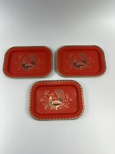3  small tin drink snack trays vintage 7x5 Rooster 60’s Red Metal picture