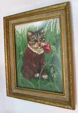 Old 1982 Cross Stitch Needlepoint 9x12 Cat Kitten Gold 12x15 Wood Framed w Glass picture