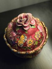 Gorgeous Vintage Enamel Cloisonelle Rose Trinket Box With Gold Trim picture