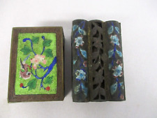 2 ANTIQUE CHINESE CLOISONNE ENAMEL MATCH BOX HOLDERS with BIRD & FLOWERS picture