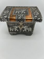 Vintage Antique Hand Carved Metal Embossed Elephant & Floral Jewelry Box picture