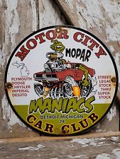 VINTAGE MOTOR CITY CAR CLUB PORCELAIN SIGN 1974 MOPAR DETROIT MICHIGAN MANIACS picture