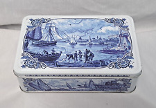 Hellema-Hallum Collectable Cookie Tin Dutch Scene Blue & White Victorian Ships picture