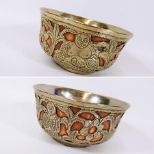 Pair Of Vintage Copper & Silver Tone Bowls India Budha / Floral Folk Art 4