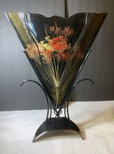 Modern Retro Floral Gold Fused Glass Vase Metal Stand 23” picture