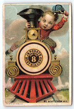 1881 J & P COATS EXAGGERATED BOY RIDING LOCOMOTIVE TRAIN ENGIN TRADE CARD Z1386 picture