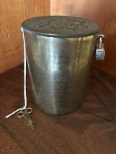 ANTIQUE VINTAGE BRASS COIN BANK ITALY ORNATE TOP DESIGN SAYS “Honor” LOCK & KEY picture