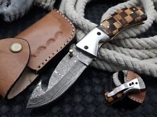 Handcrafted Damascus Gut Hook Pocket Folding Skinning Knife EDC Camping Knife picture