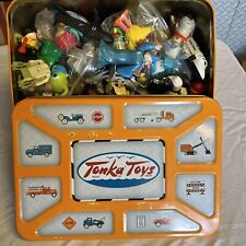 Vintage Yellow Metal Tonka Toys Popcorn Tin/Box & Lid Storage HASBRO 1998 + Toys picture