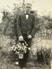 2H Photograph Young Man Portrait Holding Flower Basket Bouquet 1928 picture