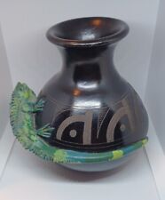 Artist Signed Mateo Mexico Black Pottery 3D Large Iguana Lizard Vase picture