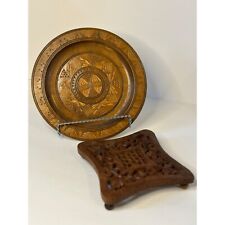 VTG 70‘s Hand Carved Wooden Wall Plate Bohemian - Rustic Home & Wooden Trivet picture