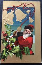 Santa Red Suit AMP Christmas Bells Ribbon Holly Embossed Vintage Postcard II46 picture