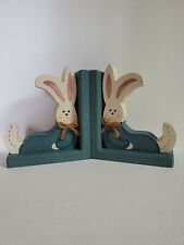 VTG Easter Bunny Hand Painted Wooden Book Ends Slouching Bunny Childs Room picture