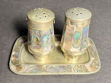 VTG Pair Petite Abalone Mexican Brass & Alpaca Salt and Pepper Shakers List $245 picture