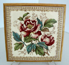 H & R Johnson Vintage Wood Framed Decorative Floral Tile Trivet~Made in England picture