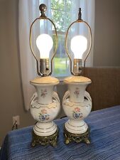 Vintage Pair Of (2) Victorian Floral French Counter Gold Trim Table Lamps picture