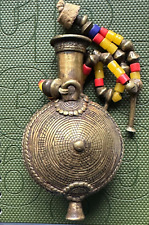 Antique Ethnic Bottle in brass metal w Cork stopper attached to 2 lines of stone picture