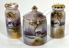 Antique NORITAKE  - SALT PEPPER & MUSTARD Hand Painted Tree in the Meadow - 1918 picture