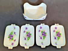 Vintage Ash Tray Trinket Set Porcelain Holder Purple Flowers Hand Painted Japan picture