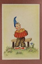 Young GNOME Dwarf Magic harmonica Music. Artist signed DO. Old postcard 1930s picture