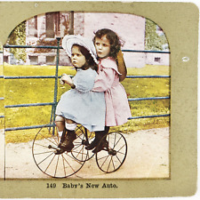 Little Girls Riding Tricycle Stereoview c1905 Children Cycling Antique Bike G550 picture