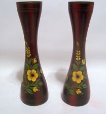 (2) Vintage Solid Brass Bud Vases Red Enamel Hand Painted Floral Design 10