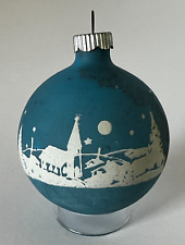 Vintage Shiny Brite Blue Unsilvered White Stencil Church Moon Stars 2 1/2