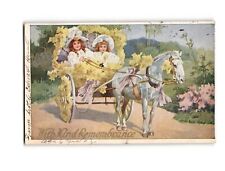 1909 Vintage Postcard 'With Kind Remembrance' - Children in Horse-Drawn Carriage picture