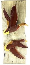 Vintage Wooden Ducks In Flight On Natural Wood Wall Art 22” Tall 9” Long picture