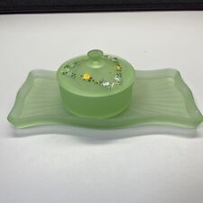 Vintage Glass Dresser Set Green Frosted Glass Vanity Tray & Powder Jar picture