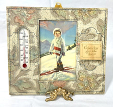 Antique 1932 Calendar Full Year  Photo Frame Cute Boy Skiing W Thermometer picture