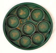 Vintage MCM Green Serving Tray with Drink Holder Coasters Metal Toleware Grapes picture