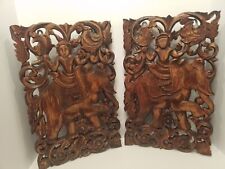2 Beautiful Thai Carved Wood Panels Of Warriors On Elephants picture