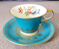 AYNSLEY TEACUP & SAUCER SET BLUE WITH GORGEOUS FLORAL PATTERN ANTIQUE VINTAGE picture