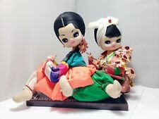 2 Vintage Big Eye Girl Dolls on Board Kimono Dresses Bradley Style Asian Japan picture