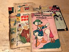 lot of vintage reader copies, old comic books, ripped covers, some 10 cent comic picture