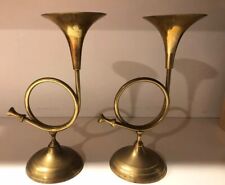 vintage pair brass french horn candle sticks picture