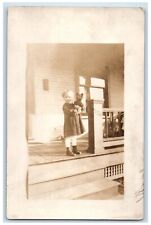 c1920's Candid Child Boy Teddy Bear Front Porch RPPC Photo Unposted Postcard picture