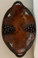 Vtg Midwest Of Cannon Falls Oblong Leaf Grape Carved Wood Look Trinket Tray Dish picture