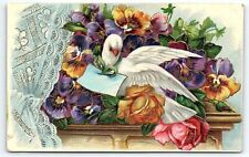 c1910 WHITE DOVE FLOWERS LETTER HEAVILY EMBOSSED POSTCARD P3641 picture