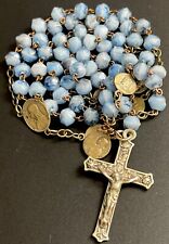 Vintage Catholic Blue Milk Glass Rosary, Saint Pater Medals, Crucifix, France picture
